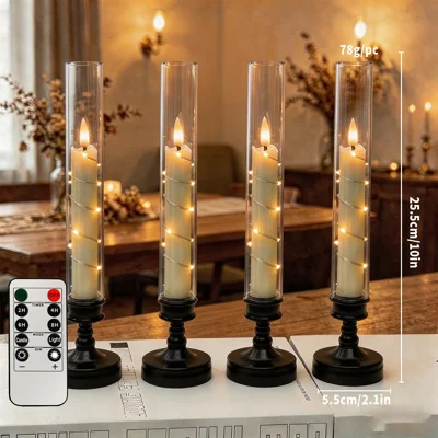 4 pièces de bougie de simulation Lampe LED à fil de cuivre avec télécommande, décoration de table Halloween, base noire