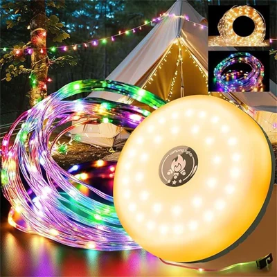Linterna de Camping 10m Luz Cálida + RGB LED, Lámpara de Cuerda Retráctil Recargable 2000mAh para Carpa