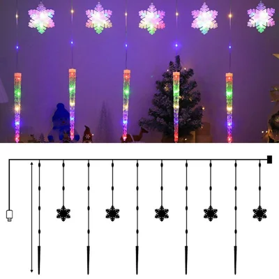 3m Świąteczne Lampki LED w kształcie płatków śniegu i sopli, zasilane przez USB, z pilotem, 8 trybów, do dekoracji wnętrz i wnętrz na święta - Wielokolorowe