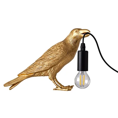 Raben-Resin-Tischlampe, USB-betrieben, warmes LED-Licht mit Metallunterstützung und Federstruktur für die Dekoration am Bett oder Schreibtisch - Gold