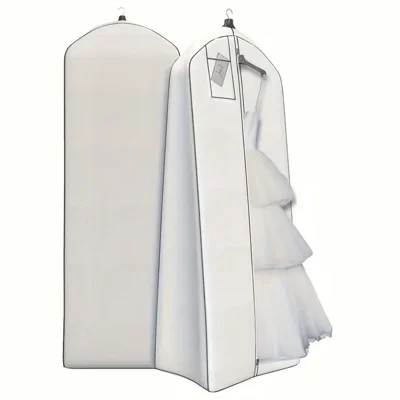 Nonwoven Wedding Dress Garment Bag Dustproof Moisture-Resistant Bag with Metal Zipper, Clear Label Window - White