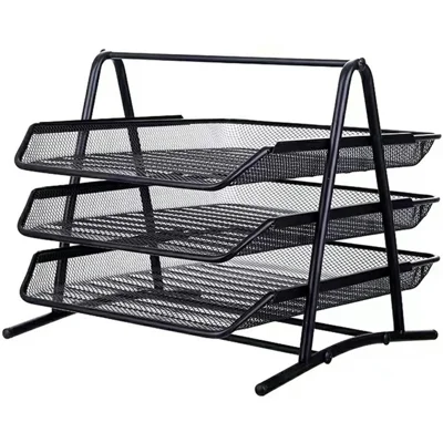 3 Tiers File Organizer Metal Mesh Stackable Desk Tray Paper Sorter Document Holder Rack - Black