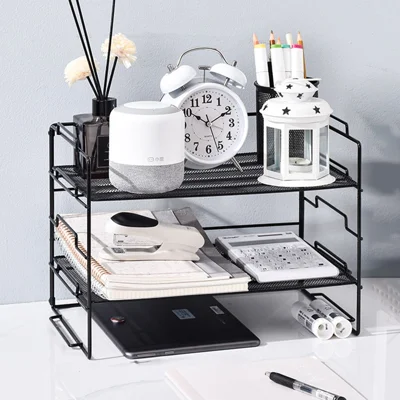 Desktop Storage Rack Metal Multi-Layer File Organizer Detachable 1 Frame + 2 Wire Mesh Panels - Black