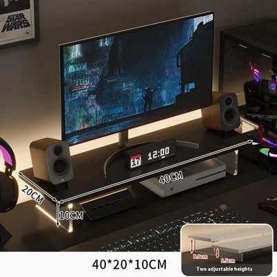 D55 40cm Length Desktop Monitor Stand Adjustable Height MDF + Acrylic Laptop Riser Storage Shelf - Black