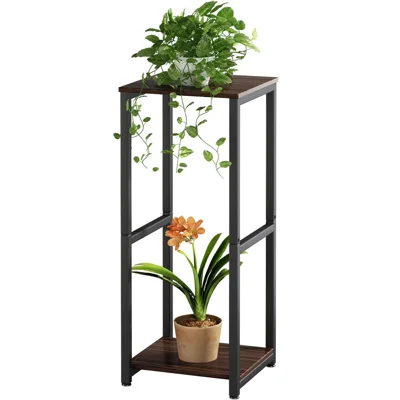 Two-Tier Indoor Plant Stand Metal + Wood Flower Pot Holder Living Room Decorative Display Rack