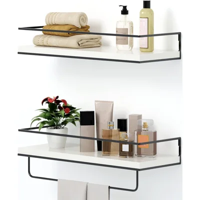 2Pcs / Set Wood + Iron Floating Bathroom Shelf with Towel Bar Wall Mounted Kitchen Spice Storage Rack - White+Black