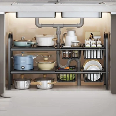 Expandable Under Sink Organizer with 4 Storage Baskets Carbon Steel Kitchen Cabinet Storage Rack 2-Tier 4 Boards Adjustable Shelf - Black