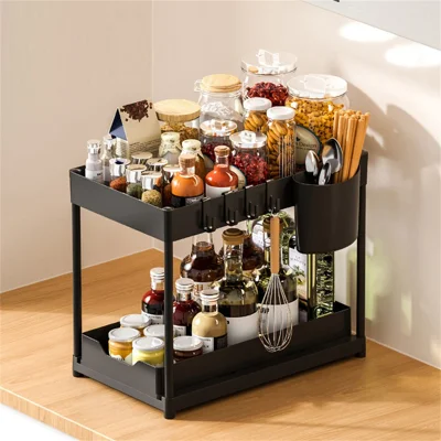 Under Sink Organizer with Hooks 2-Tier Pull-Out Kitchen Storage Rack Drainer Shelf - Black