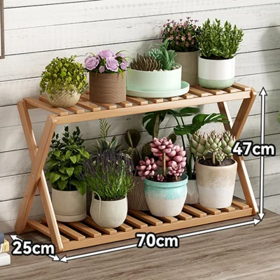 Multi-Tier Plant Stand 70cm Bamboo Flower Pot Shelf Indoor Outdoor Storage Rack for Living Room / Balcony / Office - Burlywood