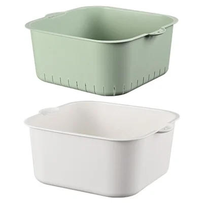 Extra Large Double Layer Vegetable Colander Fruit Strainer Plastic Washing Bowl Draining Basket (BPA Free, No FDA) - White+Green