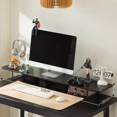 2546TMZGJ-08 120cm Length Monitor Riser Stand for Desktop Computer Bamboo Study Table Storage Shelf - Black