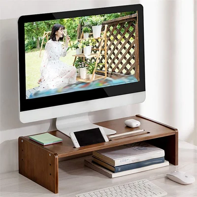 774XSQZGJ-02 Adjustable Height Monitor Stand Riser for Desktop Computer Office Desk Organizer Bamboo Storage Shelf - Tawny