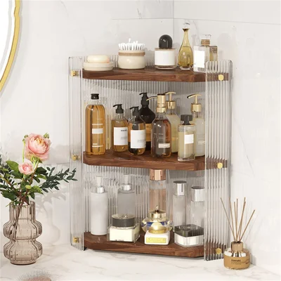 Wooden Corner Shelf 3-Tier Bathroom Countertop Organizer Cosmetic Storage Rack for Washroom / Vanity
