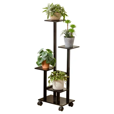 Bamboo Plant Stand Rolling Flower Pot Holder Multi-Tier Indoor / Outdoor Display Shelf with Wheels for Living Room / Balcony - Black