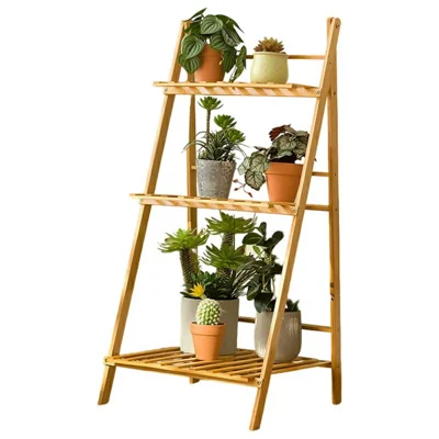 50cm Length Folding 3-Tier Wooden Plant Stand Flower Rack Indoor Balcony Storage Shelf Ladder Display