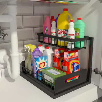 Organizador bajo el fregadero, estante de almacenamiento de 2 niveles con cajón, estante para encimera de cocina, soporte para especias, cesta extraíble para armario - Negro