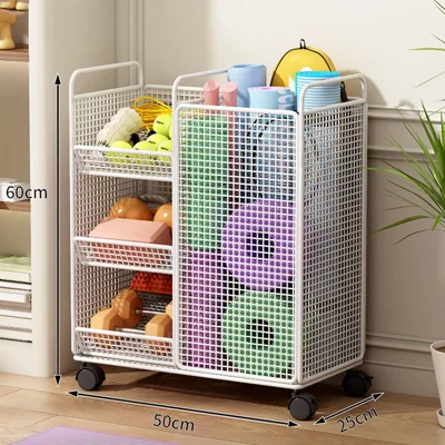 Rack per Attrezzi da 50 x 25 x 60 cm con Ruote, Organizzatore per Tappetini da Yoga, Contenitore per Attrezzature Sportive, Supporto - Bianco