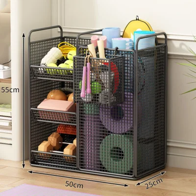 Portaoggetti 50 x 25 x 55 cm con Cestello Laterale, Organizzatore per Tappetini da Yoga, Contenitore per Attrezzature per l'Esercizio Fisico - Nero
