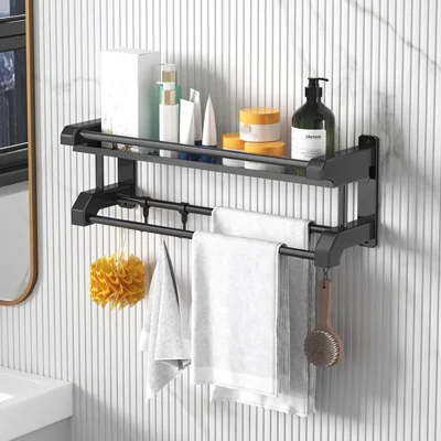 Estante Organizador de Toallas de Baño de Una Capa de 40 cm, Estantería de Acero Inoxidable Montada en Pared con 6 Ganchos - Negro
