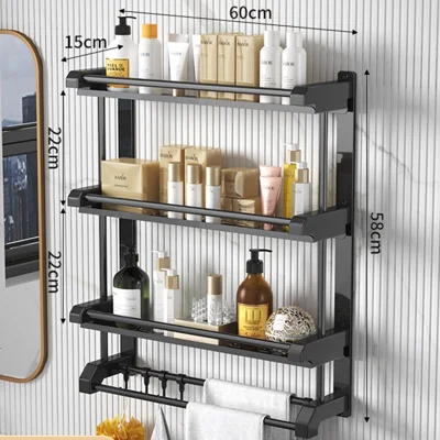 Organizador de Toallas de 3 Niveles, Estante de Almacenamiento de Acero Inoxidable de 60 cm, con 6 Ganchos, para Montaje en Pared - Negro