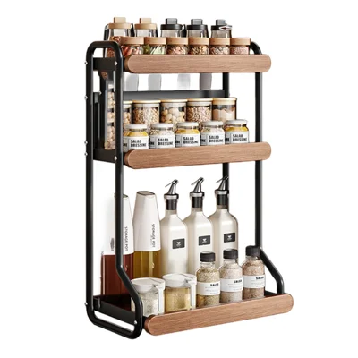 3-lags køkken krydracks med knivholder, 32x21x57 cm, rundt rør, kulsot stål og massiv træ, arbejdspladsopbevaring til krydderier og flasker