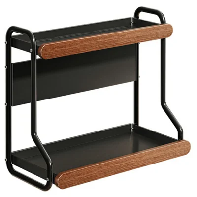 2-stufiges rundes Küchen-Gewürzregal 42x21x40 cm aus Kohlenstoffstahl und Massivholz, Ablage für Gewürzflaschen