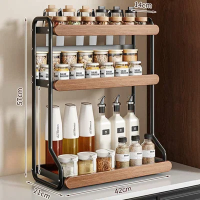 3-Tier 42x21x57cm Round Tube Kitchen Spice Rack with Knife Holder Carbon Steel Solid Wood Countertop Storage Organizer for Seasoning Bottles