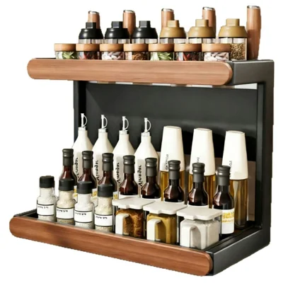 Estante de Cozinha para Temperos com 2 Níveis, 42x21x36 cm, Tubo Quadrado, Aço Carbono, Madeira Maciça, Organizador de Bancada para Frascos de Temperos