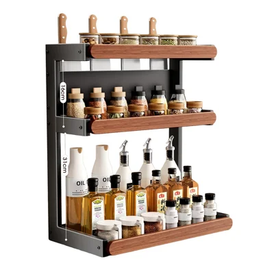 3-Tier 42x21x53cm Square Tube Kitchen Spice Rack with Knife Holder Carbon Steel Solid Wood Countertop Storage Organizer for Seasoning Bottles