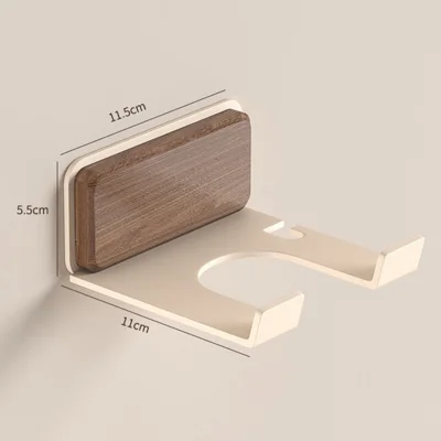 Suporte de Parede para Secador sem Perfuração, Organizador de Casa de Banho em Alumínio e Madeira, Prateleira de Armazenamento - Madeira de Nogueira / Branco