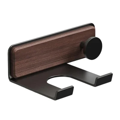 Soporte para Secador con Gancho, Montaje en Pared sin Perforación, Organizador de Baño, Estante de Almacenamiento de Aluminio y Madera - Madera de Nogal / Negro