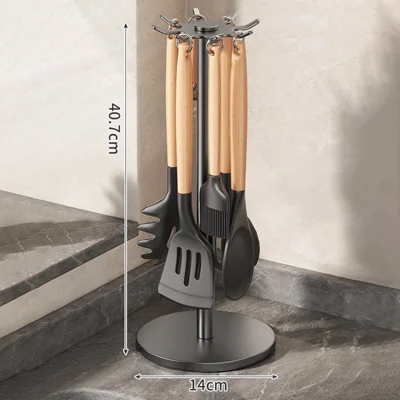 360 Degree Rotating Kitchen Utensil Holder Rack 8-Hook Carbon Steel Organizer Stand for Countertop Storage - Grey Black