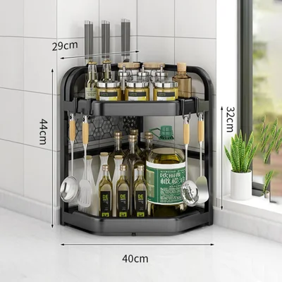 2-etagers 40x29x44 cm Hjørnekøkkenhylde med Knivholder, Organizer, Trekantet Væghylde, uden Boring, Racks til Dåser og Flasker