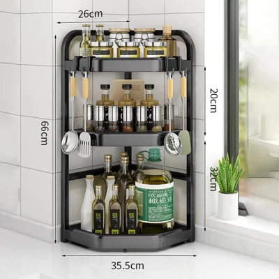 3-etagers 35,5x26x66 cm Hjørnekøkkenhylde Organizer Trekant Vægholder uden Boring Krydderirack til Krydderiflasker