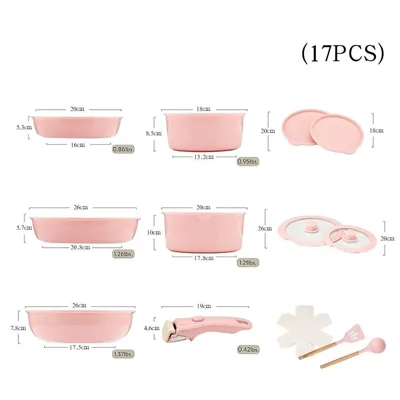 Juego de Utensilios de Cocina de 17 Piezas con Mango Desmontable, Revestimiento Antiadherente de Maifanita + Cerámica, Sartén, Cacerola, Wok, Herramientas de Cocina (Sin BPA, Sin FDA) - Rosa