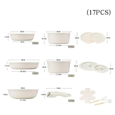 Conjunto de Utensílios de Cozinha com Cabo Amovível 17 Peças Revestimento Antiaderente Maifanite Frigideira Panela de Leite Wok Ferramentas de Cozinha (Sem BPA, Sem FDA) - Branco