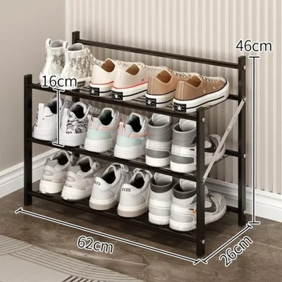 Prateleira para Sapatos Metálica Dobrável de 3 Níveis 62x26x46cm, Organizador de Armazenamento para Entrada sem Montagem - Preto