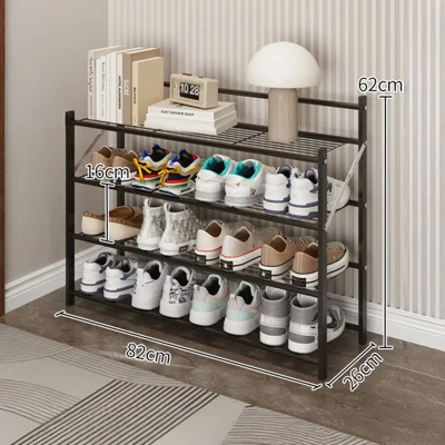 82x26x62cm 4-Piso Prateleira de Sapatos em Metal Dobrável sem Montagem Organizador de Armazenamento para Entrada de Porta - Preto
