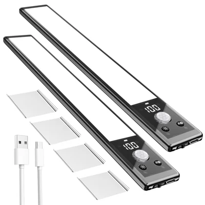 2 szt. LED Lampa z Czujnikiem Ruchu Cyfrowy Wyświetlacz Oświetlenie Magnetyczne Pod Szafkę 3 Temperatury Światła USB Ładowanie Nocna Lampa do Kuchni Sypialni Szafy