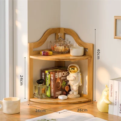 2-Tier Kitchen Corner Spice Rack Bamboo Rotating Desktop Organizer Storage Shelf for Makeup Coffee Cups - Natural Color