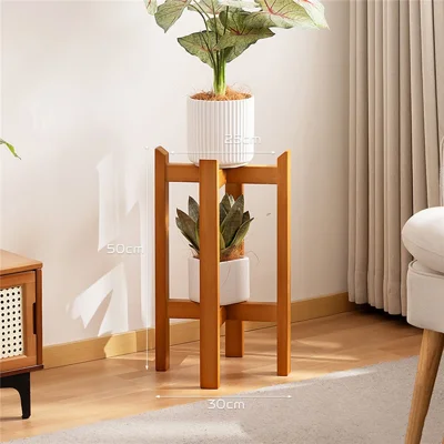 2593 2-Tier 30x50cm Bamboo Plant Stand Floor Standing Flower Pot Rack for Balcony Living Room Indoor - Tea Color