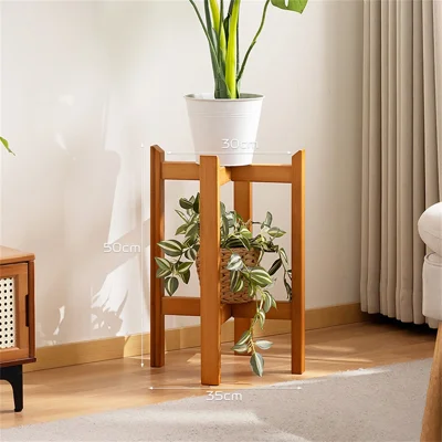 2593 2-Tier 35x50cm Bamboo Plant Stand Floor Standing Flower Pot Rack for Balcony Living Room Indoor - Tea Color