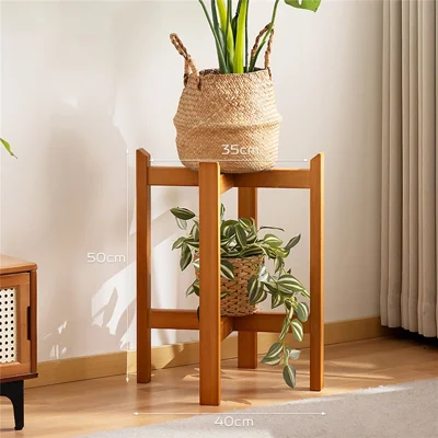 2593 2-Tier 40x50cm Bamboo Plant Stand Floor Standing Flower Pot Rack for Balcony Living Room Indoor - Tea Color