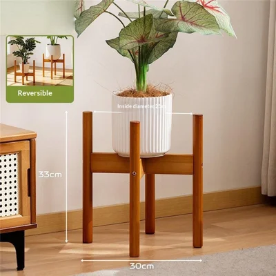 2594 30x33cm Medium Size Bamboo Plant Stand Reversible Floor Standing Planter Holder for Indoor Outdoor Garden Decor - Tea Color