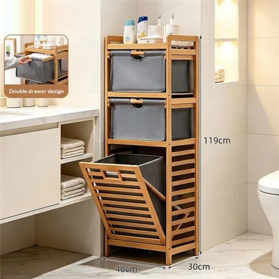 Estante de almacenamiento multifuncional para baño de 40x30x119 cm con cesta extraíble para ropa sucia y estante de bambú con cajones dobles