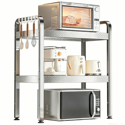 3-lagiges Edelstahl-Küchen-Mikrowellenregal mit bedruckten Paneelen, Küchenarbeitsplatten-Ablage, Mikrowellenständer mit Haken