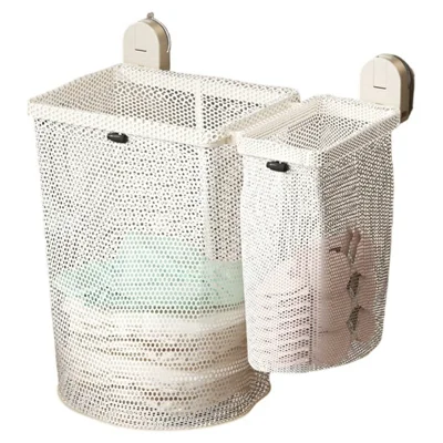 2-Compartment Foldable Wall Mounted Laundry Basket Suction Cup No Drill Dirty Clothes Hamper for Bathroom - White