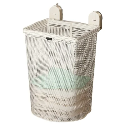 Wall-Mounted Bathroom Laundry Basket Foldable Suction Cup No Drill Dirty Clothes Hamper - White