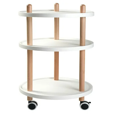 3-Tier Round Style Side Table Mobile Storage Cart Rolling Utility Cart Wood Frame ABS Tray Lockable Wheels Storage Rack for Kitchen Bedroom
