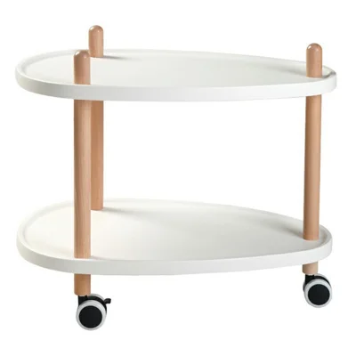 2-Tier Oval Style Side Table Mobile Storage Cart Rolling Utility Cart Wood Frame ABS Tray Lockable Wheels Storage Rack for Kitchen Bedroom